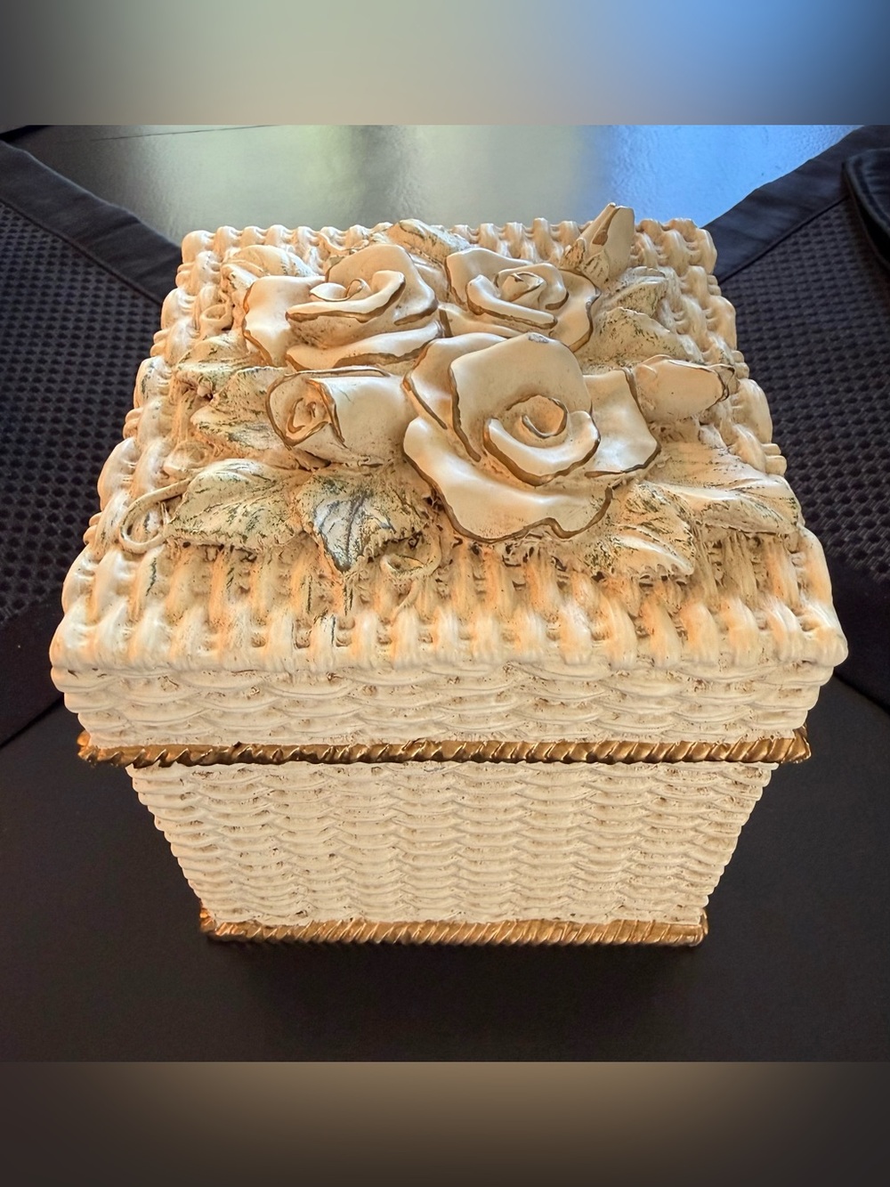 Vintage Cream Floral Woven Trinket Box with Gold Trim